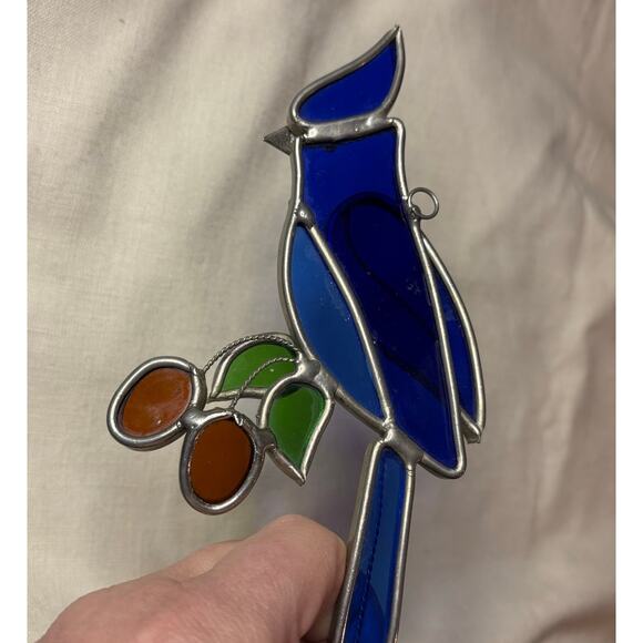 Vintage Stained Glass Blue Bird Suncatcher Cobalt Blue Green Leaves 6x3 - Picture 9 of 9
